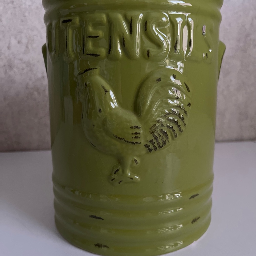 Home Essentials Olive Green Ceramic Utensil Holder with Rooster Design